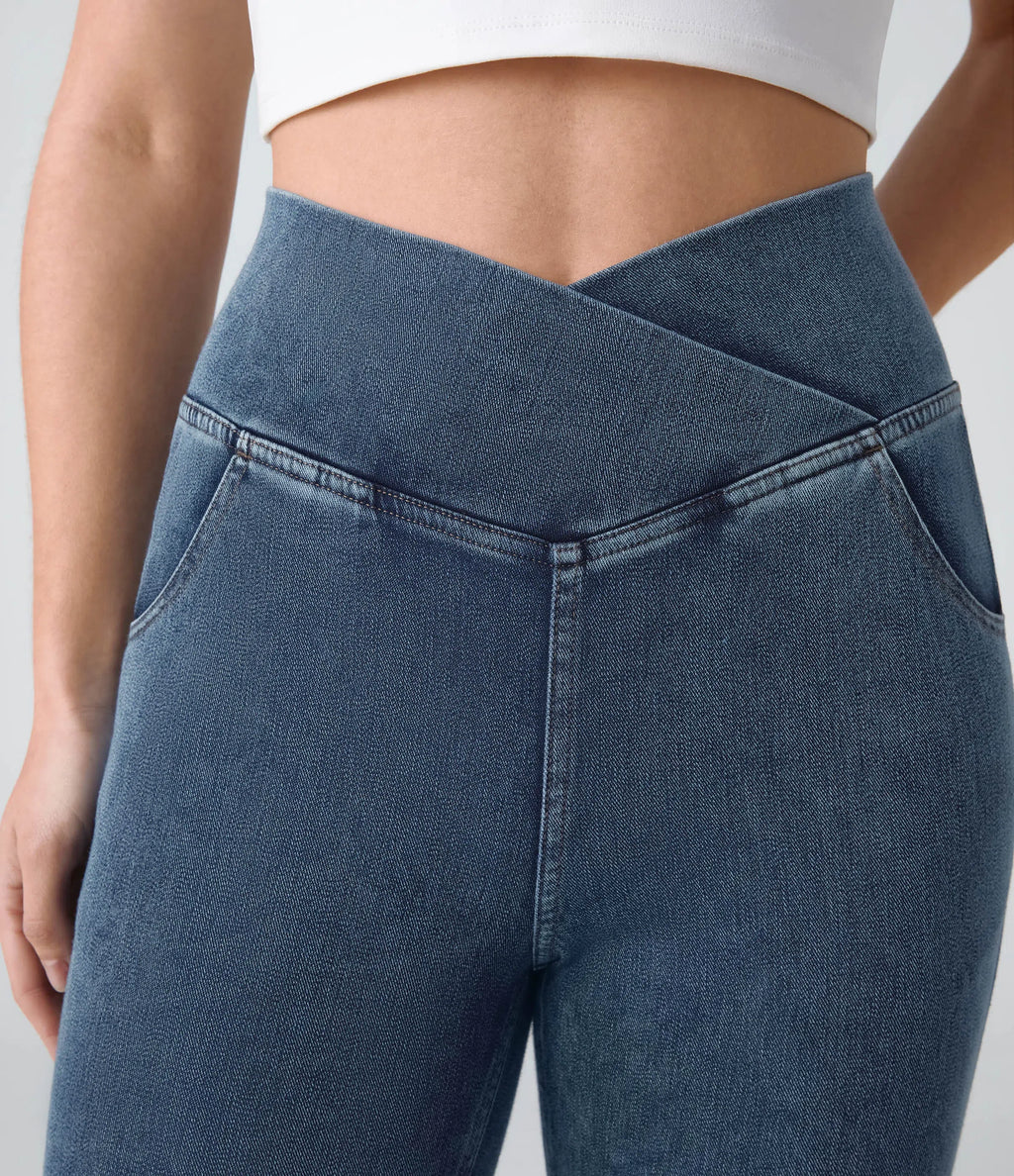 ⚡High Waisted Crossover Pocket Washed Stretchy Knit Casual Super Flare Jeans⚡