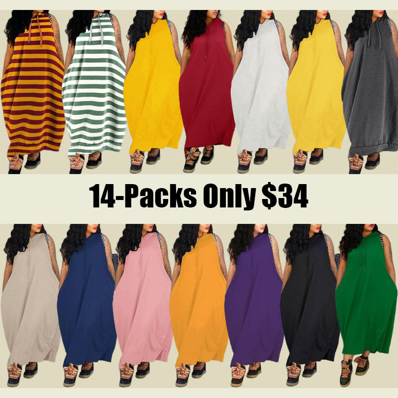 🔥Last day promotion⏰-Women's Plain Drawstring Hooded Tank Dress, Casual Pocket Sleeveless Maxi Dress for Summer, Fashion Women's Clothing for Daily Wear