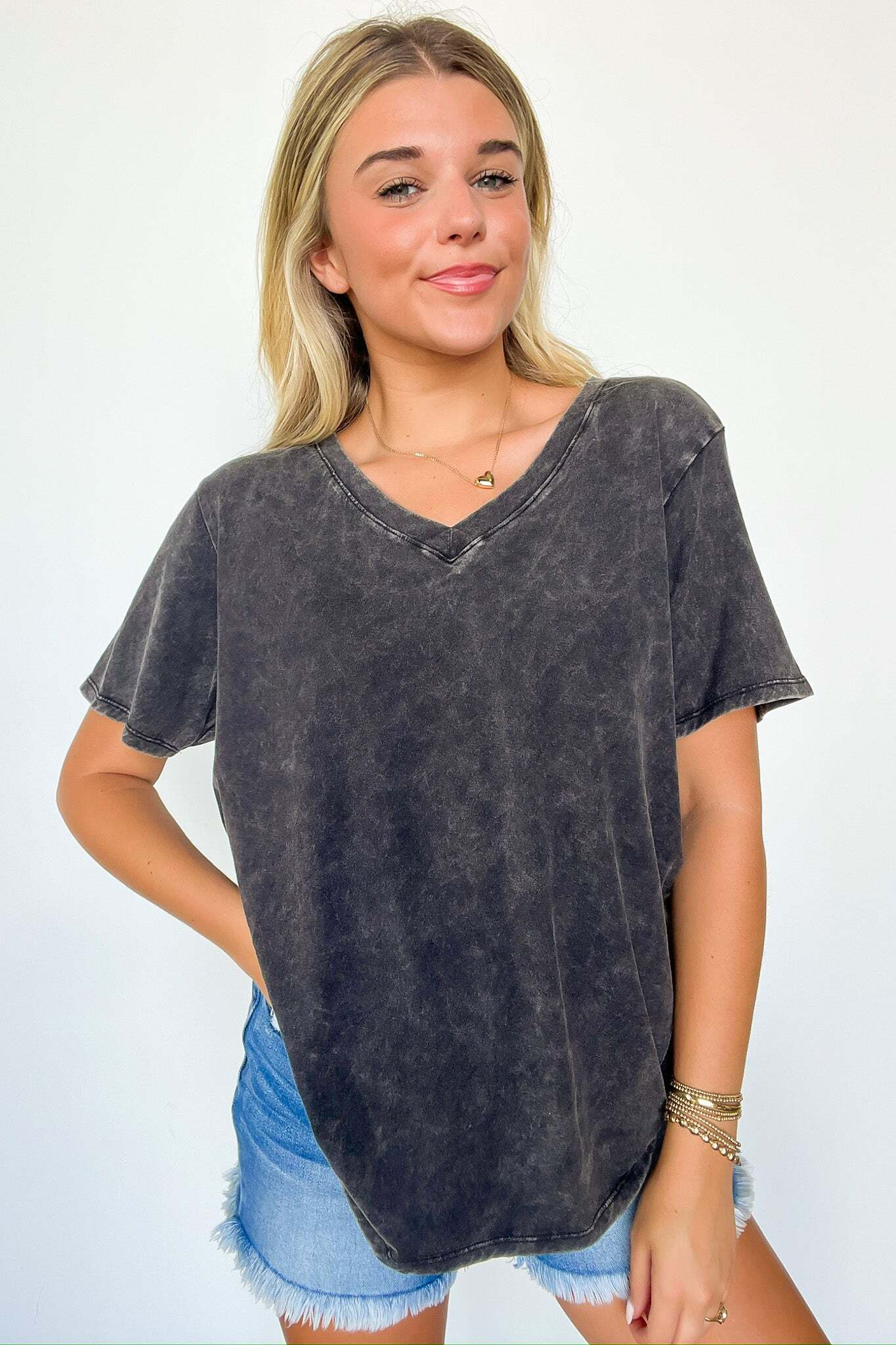 Soliel Acid Wash V-Neck Relaxed Fit Top - BACK IN STOCK