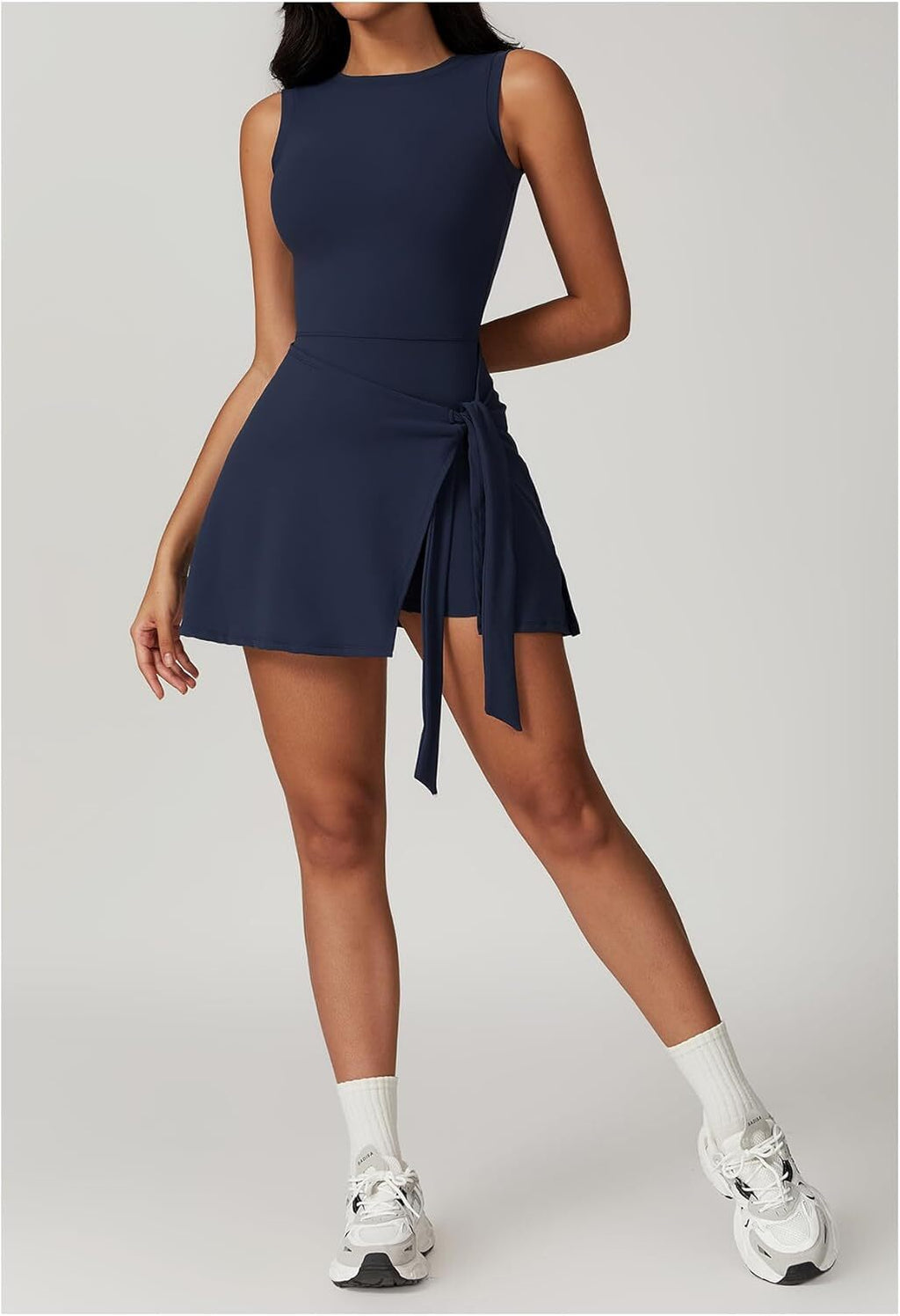 Womens Tennis Dress Wrap Skirt Built in Shorts Sleeveless Golf Athletic Romper Sundress Tie Front Summer Mini Dresses