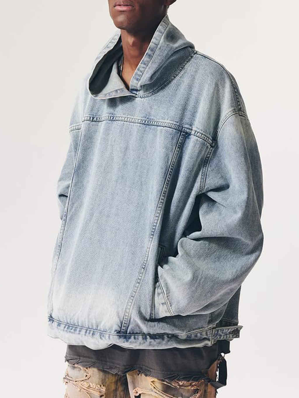 Men's Casual Fashion Cotton Denim Handsome Patchwork Loose Hooded Sweatshirt