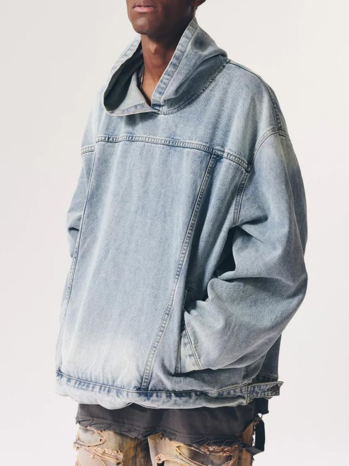 Men's Casual Fashion Cotton Denim Handsome Patchwork Loose Hooded Sweatshirt