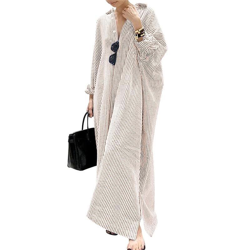 Women's Casual Long Sleeve Button Down Loose Striped Cotton Maxi Shirt Dress