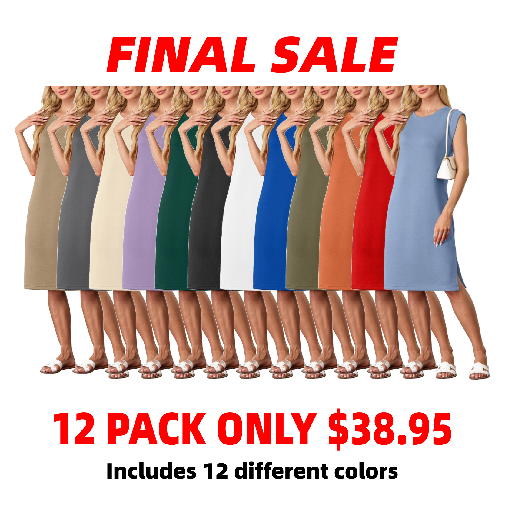 ⏰Final Sale-Women Round Neck Loose Split Wrinkle-Free Midi Dress with Pockets