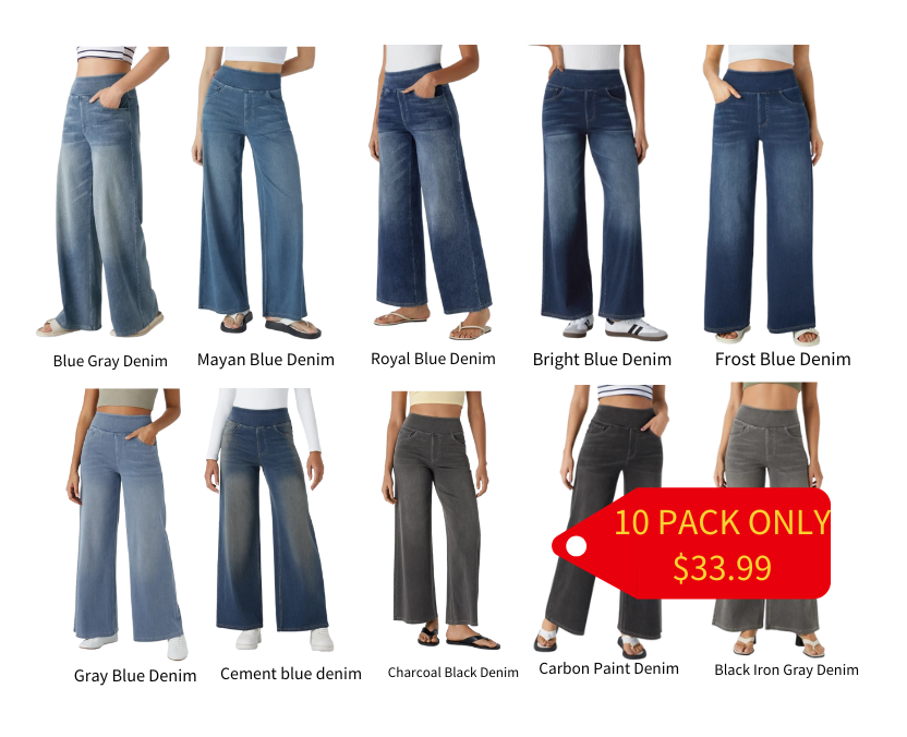 FINAL SALE⚡High Waisted Multiple Pockets Baggy Wide Leg Washed Stretchy Knit Casual Jeans