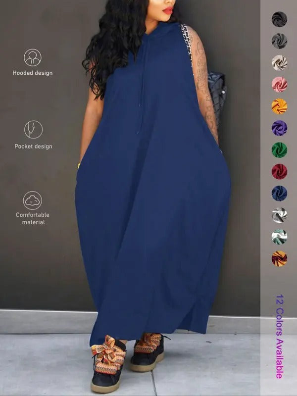 🔥Last day promotion⏰-Women's Plain Drawstring Hooded Tank Dress, Casual Pocket Sleeveless Maxi Dress for Summer, Fashion Women's Clothing for Daily Wear