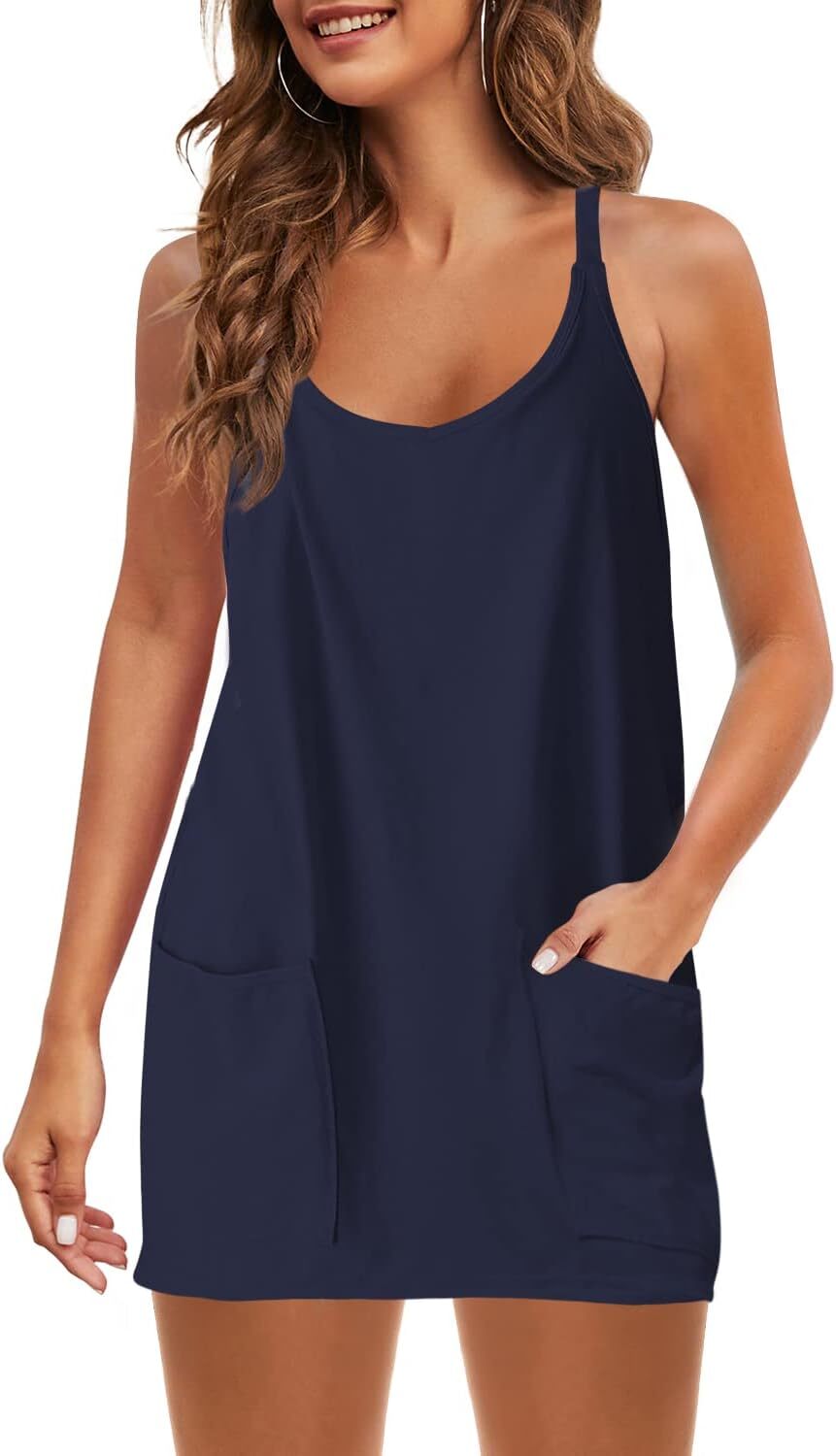 Womens Summer Sleeveless Mini Dress V Neck Spaghetti Strap Sundress Athletic Short Dress with Pockets