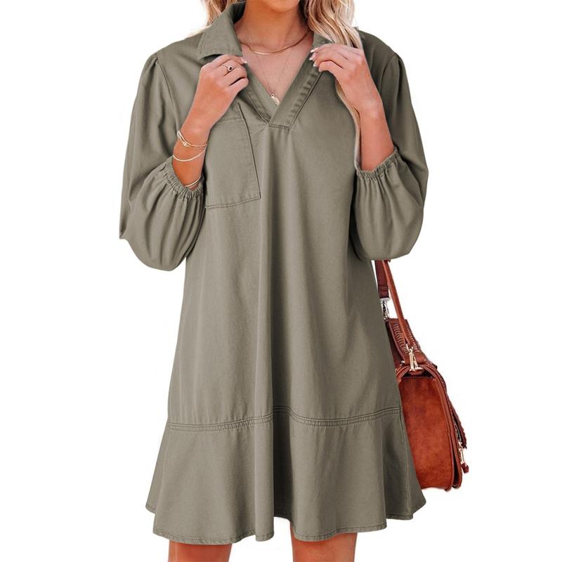 Denim Dress for Women Fashion Fall Casual Babydoll 2025 V Neck 3/4 Puff Sleeve Jean Dresses