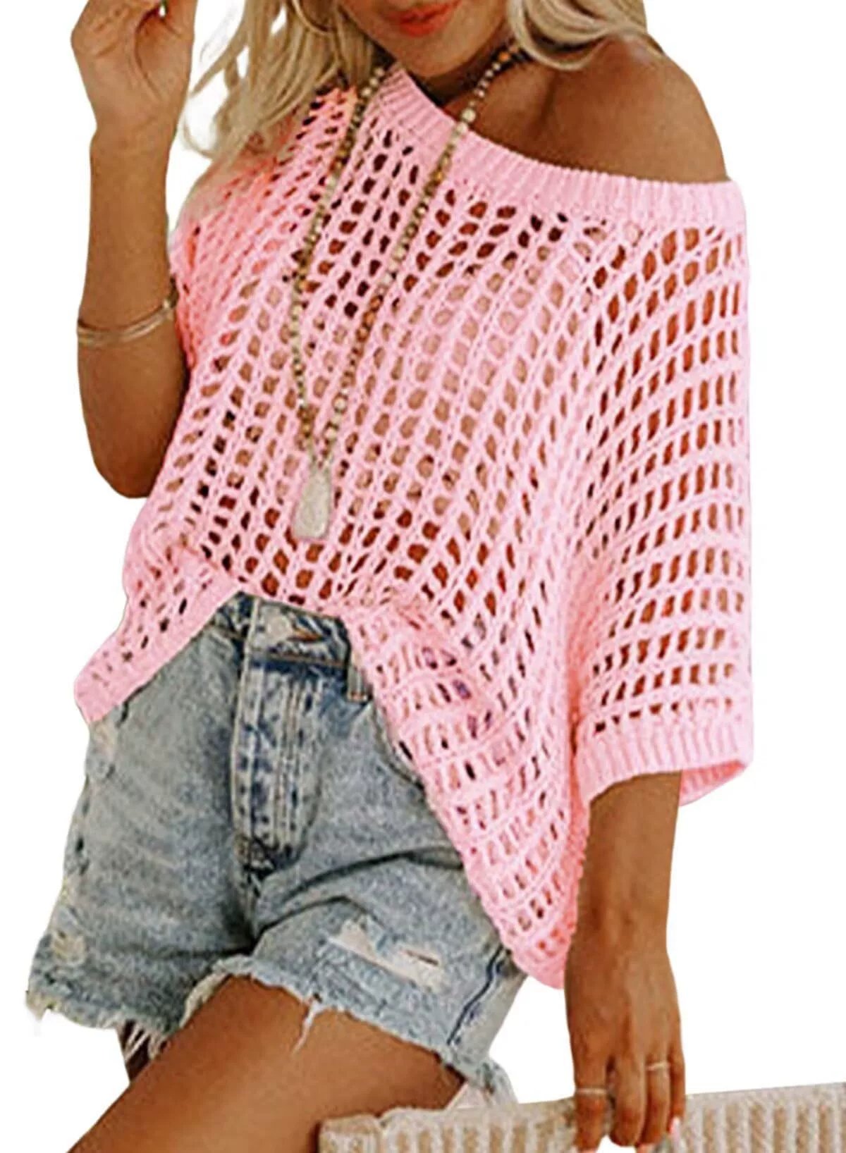 🎁 Womens Summer Scoop Neck ShortSleeve Sweater Casual Crochet Hollow Out KnitTops