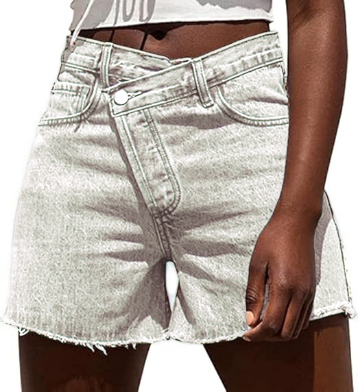 Womens High Waisted Vintage Crossover Denim Shorts with Stretch