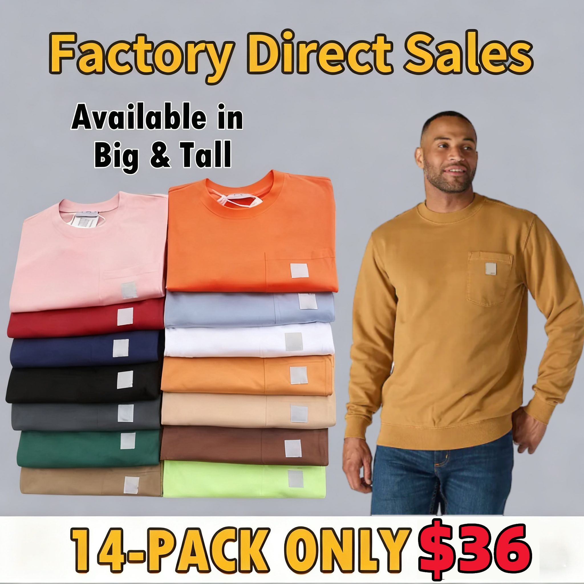 Men's crewneck sweatshirt – Loose Fit, Durable Cotton, Pocket Tee (Big & Tall Sizes Available)