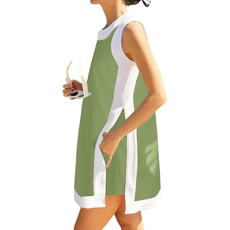 Women's Casual Two Piece Sets Color Block Crewneck Sleeveless Pullover Tops Matching Shorts With Pockets