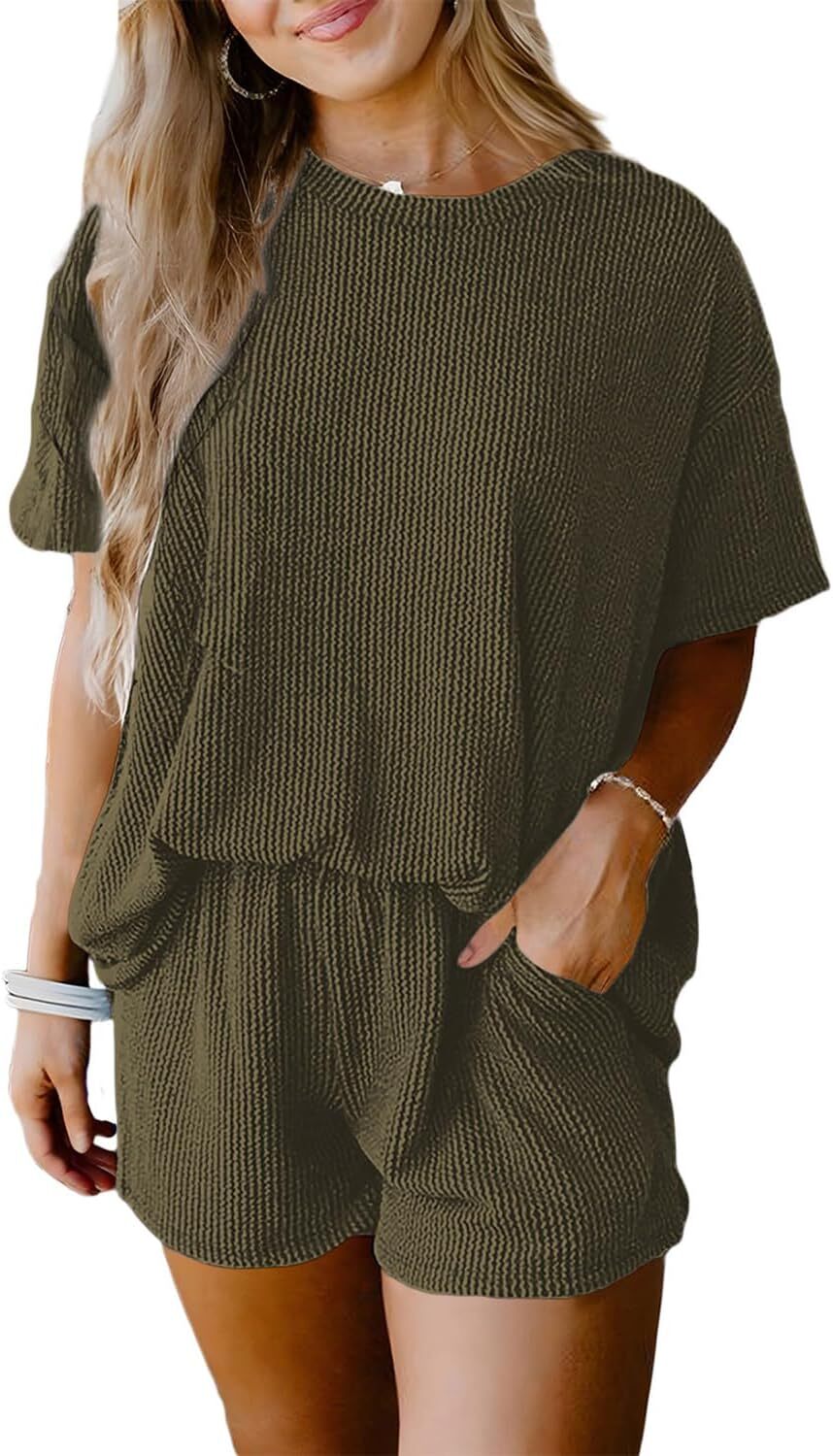 Two 2 Piece Sets for Women Short Sleeve Shirts High Waisted Shorts with Pockets Pajamas Lounge Matching Set