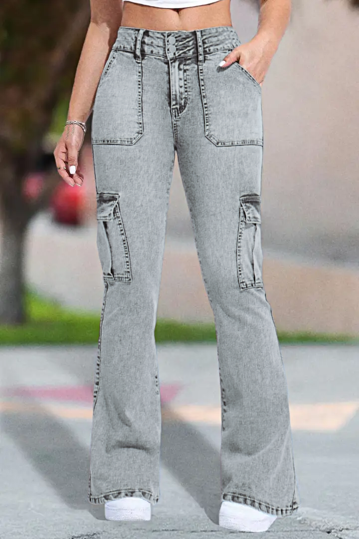⚡Last Chance Deal⚡- Multi Pocket Double Button Mid Rise Flare Cargo Jeans