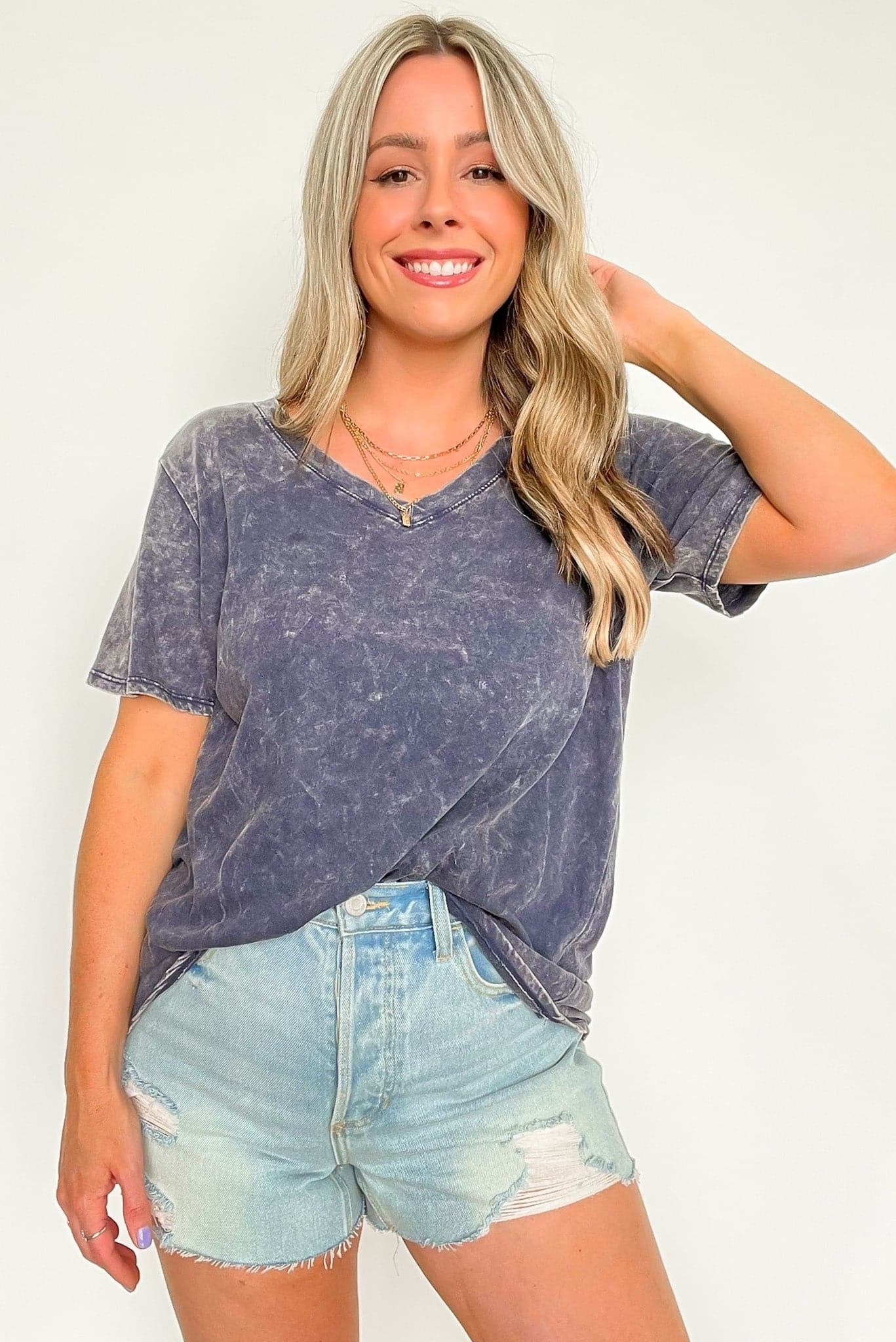 Soliel Acid Wash V-Neck Relaxed Fit Top - BACK IN STOCK