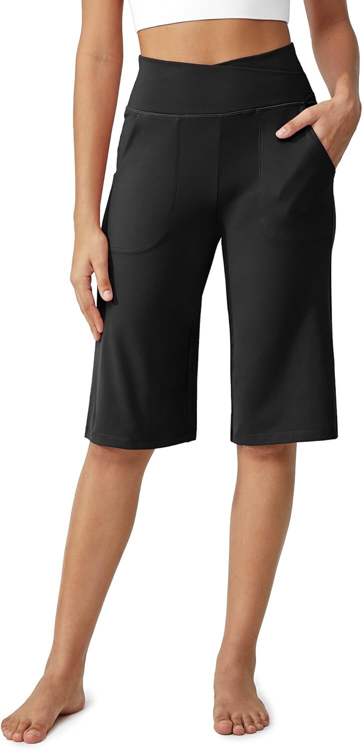 Capri Pants for Women -Knee Length Wide Leg Yoga Capris Dressy Casual Summer Crop Pants with Pockets