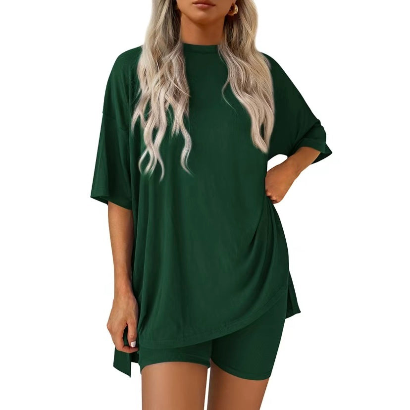 Women's Two Piece Lounge Set 2025 Summer Casual Oversized Shirts Biker Shorts Matching Airport Travel Outfit Split Hem