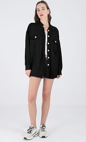 Women's Loose Fit Batwing Sleeve Waffle Knit Button Down Shirt Shacket Tops