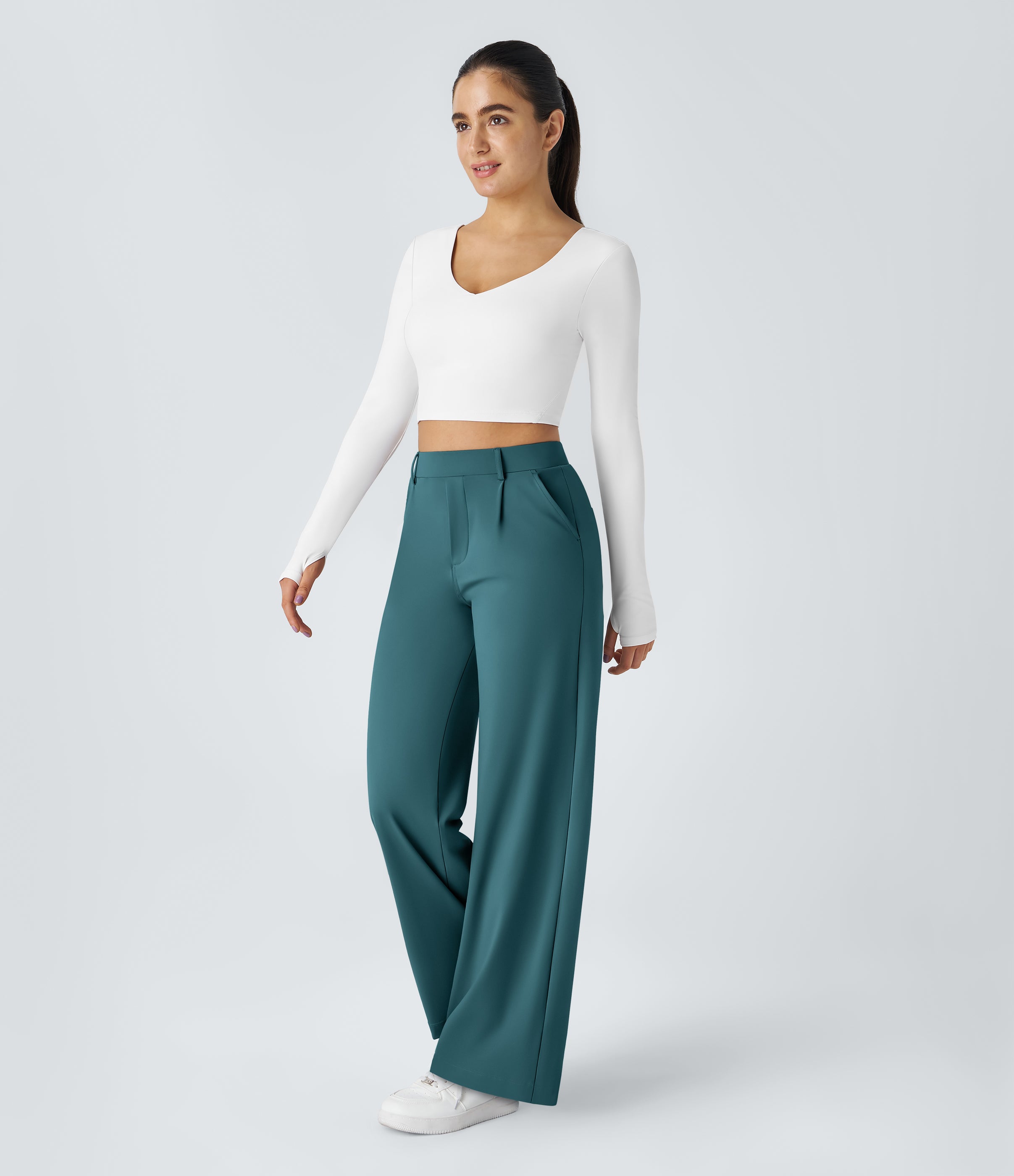 Factory Outlet - High Waisted Side Pocket Straight Leg Work Suit Pants
