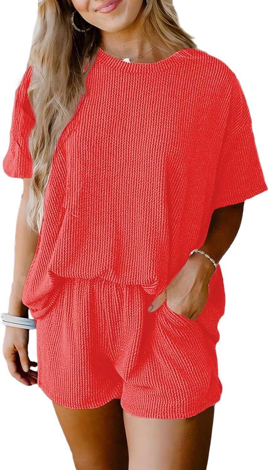 Two 2 Piece Sets for Women Short Sleeve Shirts High Waisted Shorts with Pockets Pajamas Lounge Matching Set