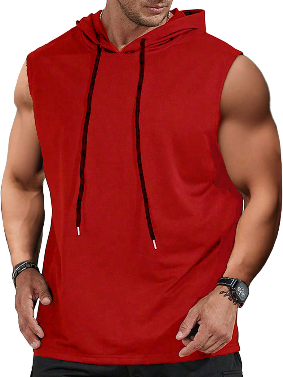 Men's Sports Casual Solid Color Shirt Hooded Tie Sleeveless T-shirt