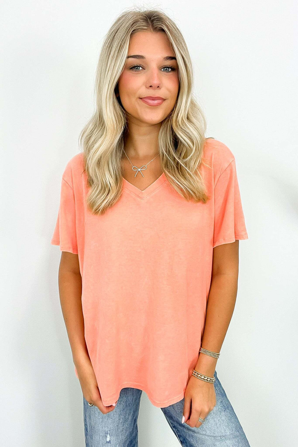 Soliel Acid Wash V-Neck Relaxed Fit Top - BACK IN STOCK