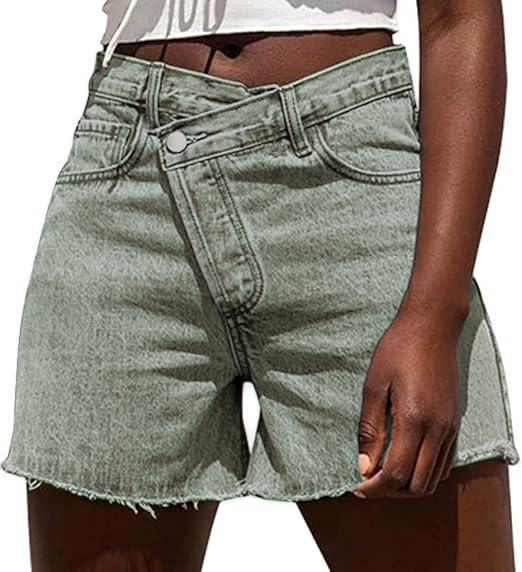 Womens High Waisted Vintage Crossover Denim Shorts with Stretch
