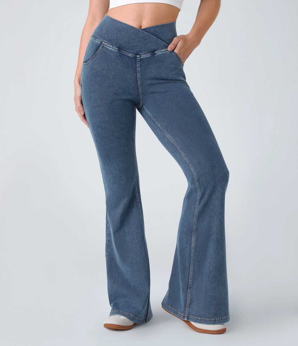 ⚡High Waisted Crossover Pocket Washed Stretchy Knit Casual Super Flare Jeans⚡