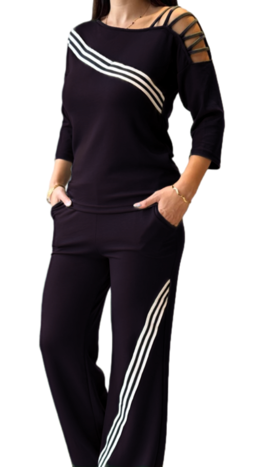 Women's Black Tracksuit with Shoulder Stripe and Ribbon Detail