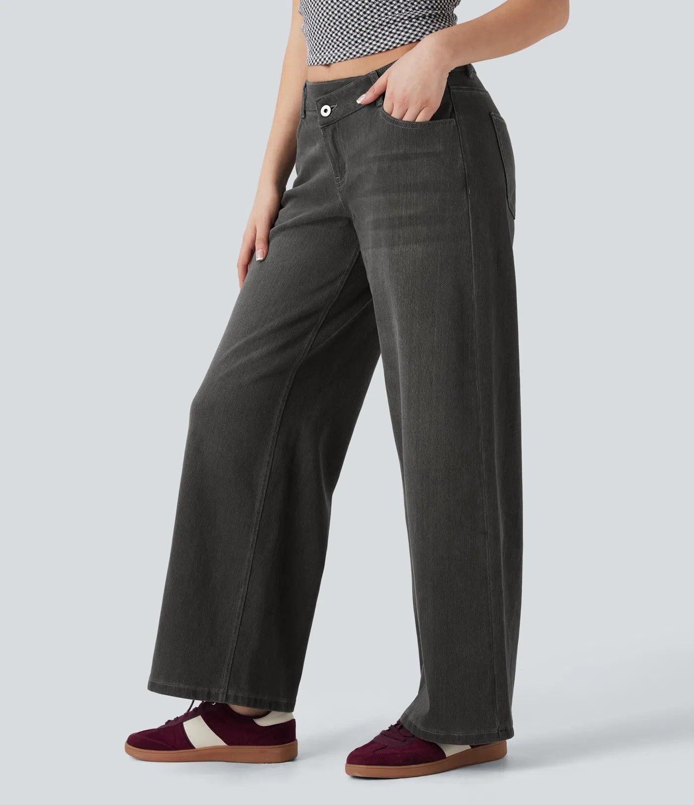 Asymmetric Low Rise Zipper Pockets Baggy Wide Leg Washed Casual Jeans