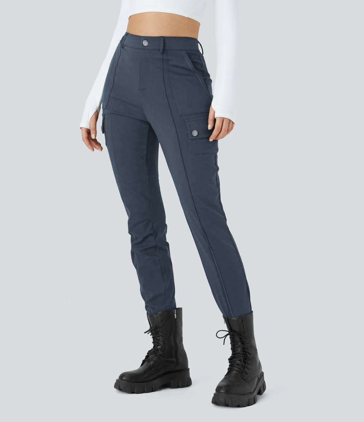 ⏰Huge Spring Discount! High Waisted Button Zipper Multiple Pockets Solid Skinny Cargo Pants