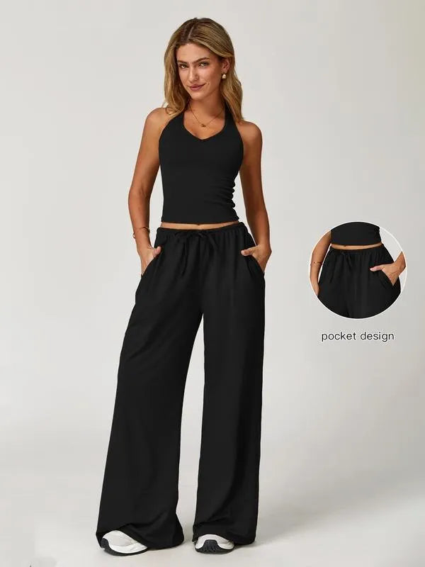 Women's Solid Crop Tank Top & Wide Leg Pants Set, Casual V Neck Sleeveless Top & Trousers for Daily Outdoor Wear, Ladies Sportswear for Summer, Solid Sports Sets, Yoga Suit Set