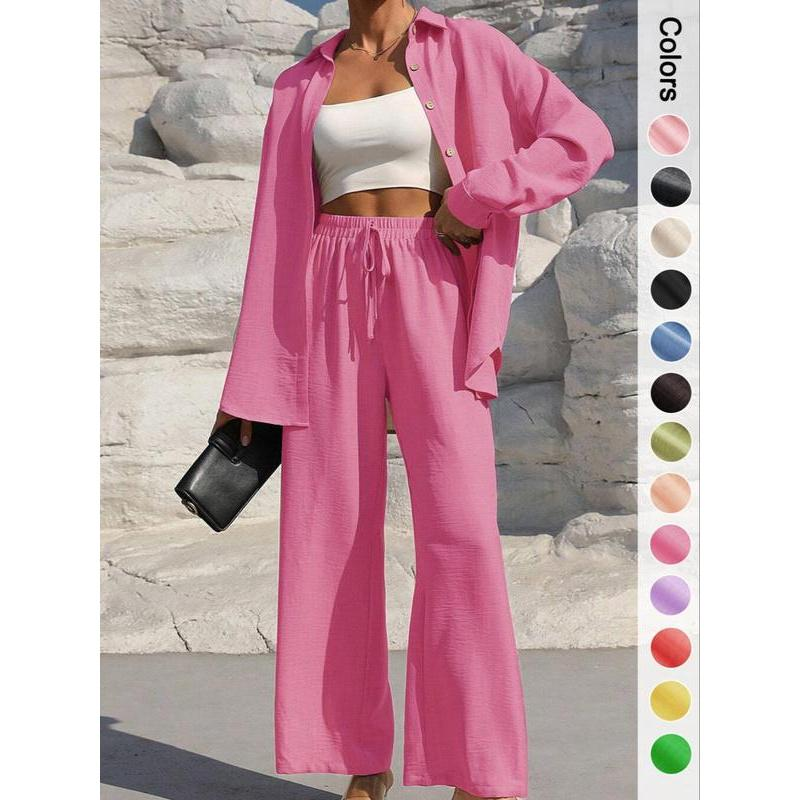 Women's Solid Button Front Shirt & Tie Front Wide Leg Pants Two-piece Set, Casual Loose Drop Shoulder Long Sleeve Top & Trousers for Spring & Fall