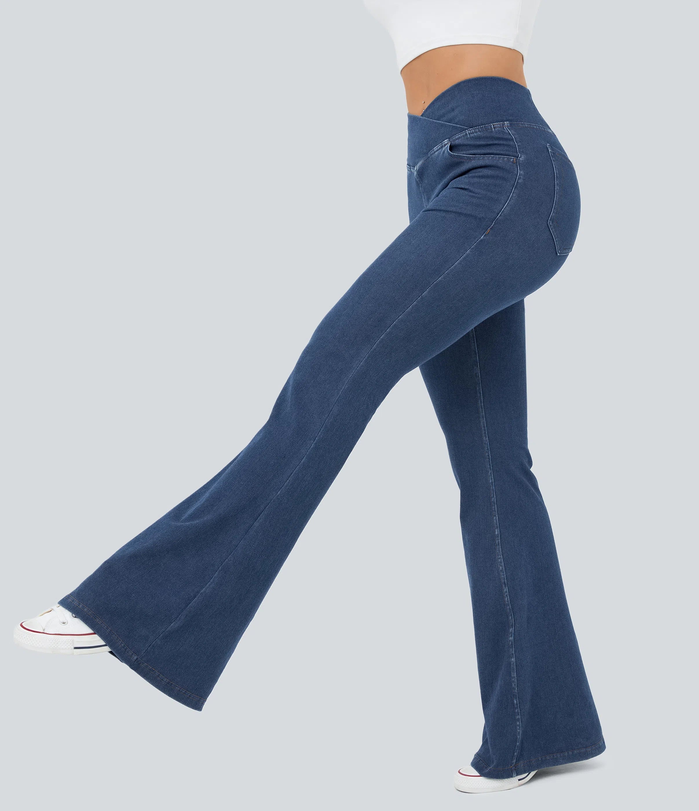High Waisted Crossover Pocket Washed Stretchy Knit Casual Super Flare Jeans