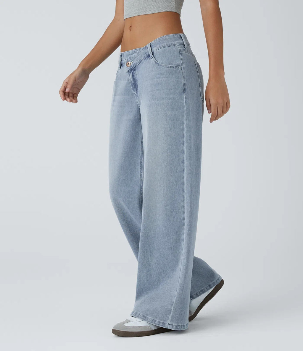 Asymmetric Low Rise Zipper Pockets Baggy Wide Leg Washed Casual Jeans