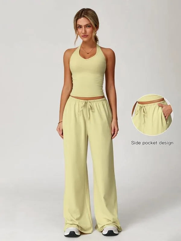 Women's Solid Crop Tank Top & Wide Leg Pants Set, Casual V Neck Sleeveless Top & Trousers for Daily Outdoor Wear, Ladies Sportswear for Summer, Solid Sports Sets, Yoga Suit Set