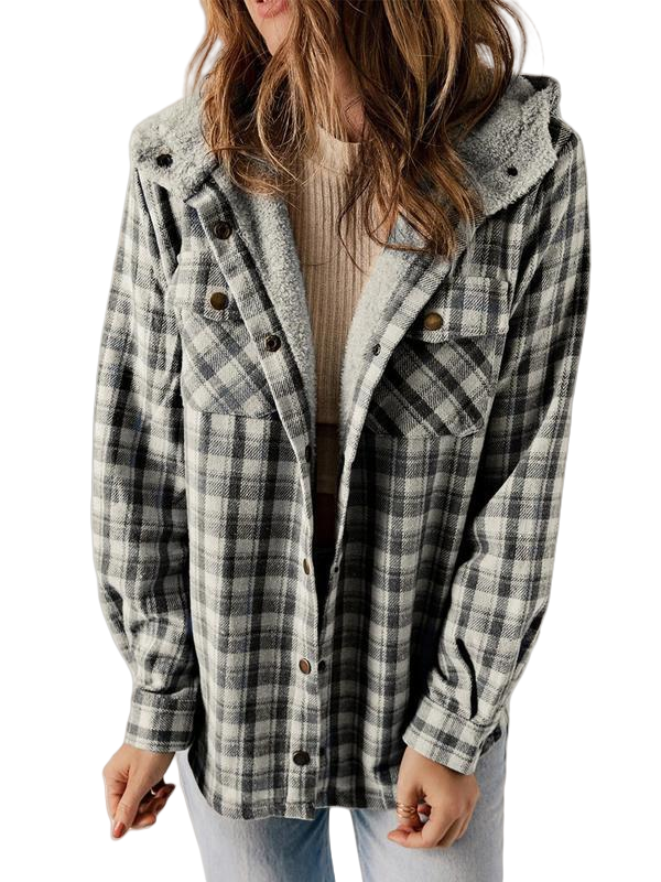 Ladies’ Plaid Hooded Button Coat – Cozy Fall/Winter