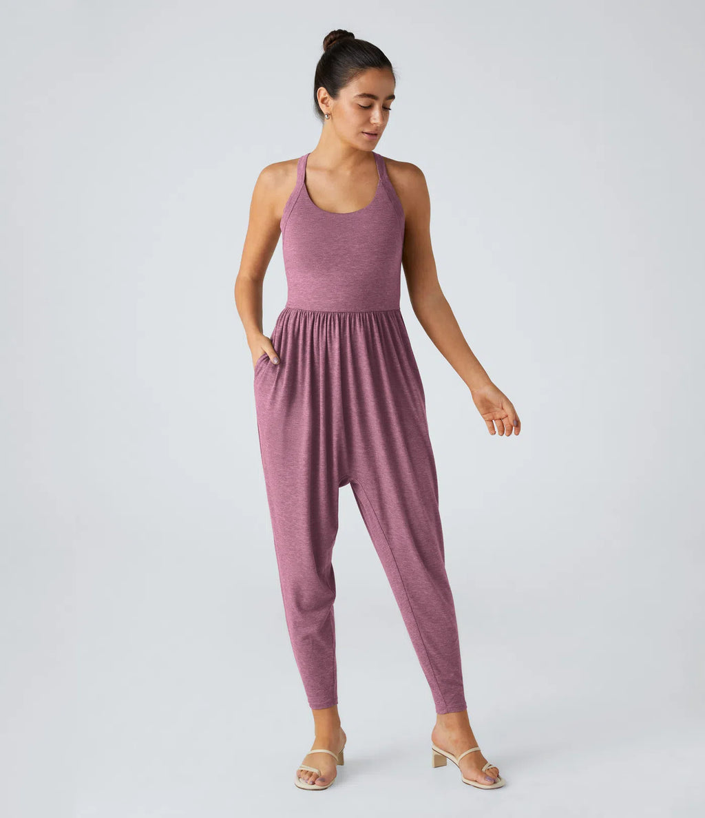 💝Last day promotion-⏰Backless Twisted U Neck Side Pocket Harem Casual Jumpsuit-Easy Peezy Edition