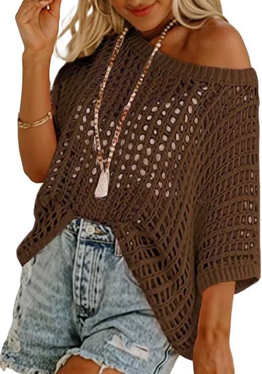 🎁 Womens Summer Scoop Neck ShortSleeve Sweater Casual Crochet Hollow Out KnitTops