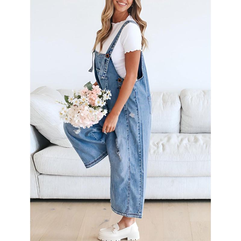 Women's Denim Overalls Casual Jumpsuits Loose Fit Adjustable Strap Distressed Bib Jeans Overall Jumpsuits