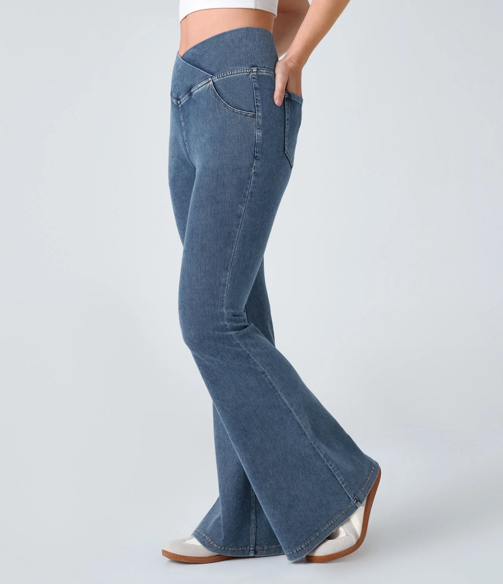 ⚡High Waisted Crossover Pocket Washed Stretchy Knit Casual Super Flare Jeans⚡