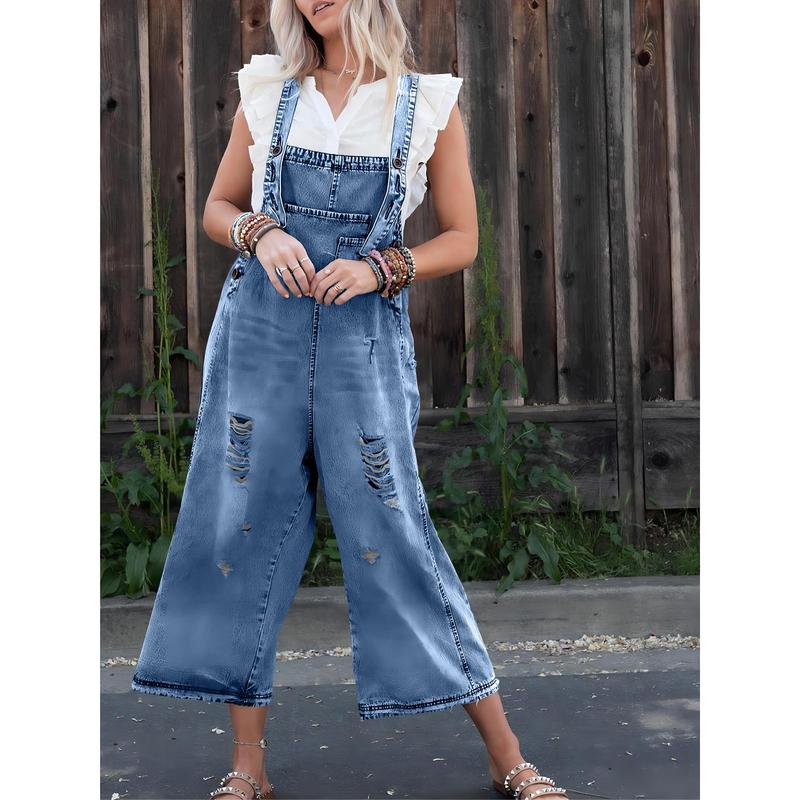 Women's Denim Overalls Casual Jumpsuits Loose Fit Adjustable Strap Distressed Bib Jeans Overall Jumpsuits
