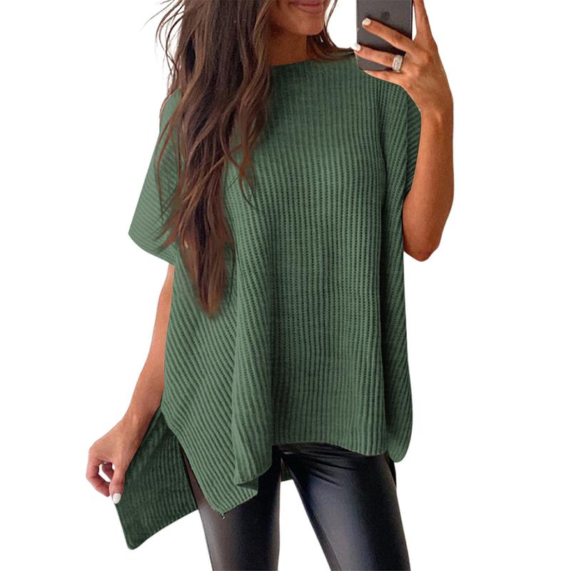 2025 Summer Women's Casual Crew Neck Drop Shoulder Loose Fit Short Sleeve Knit Pullover