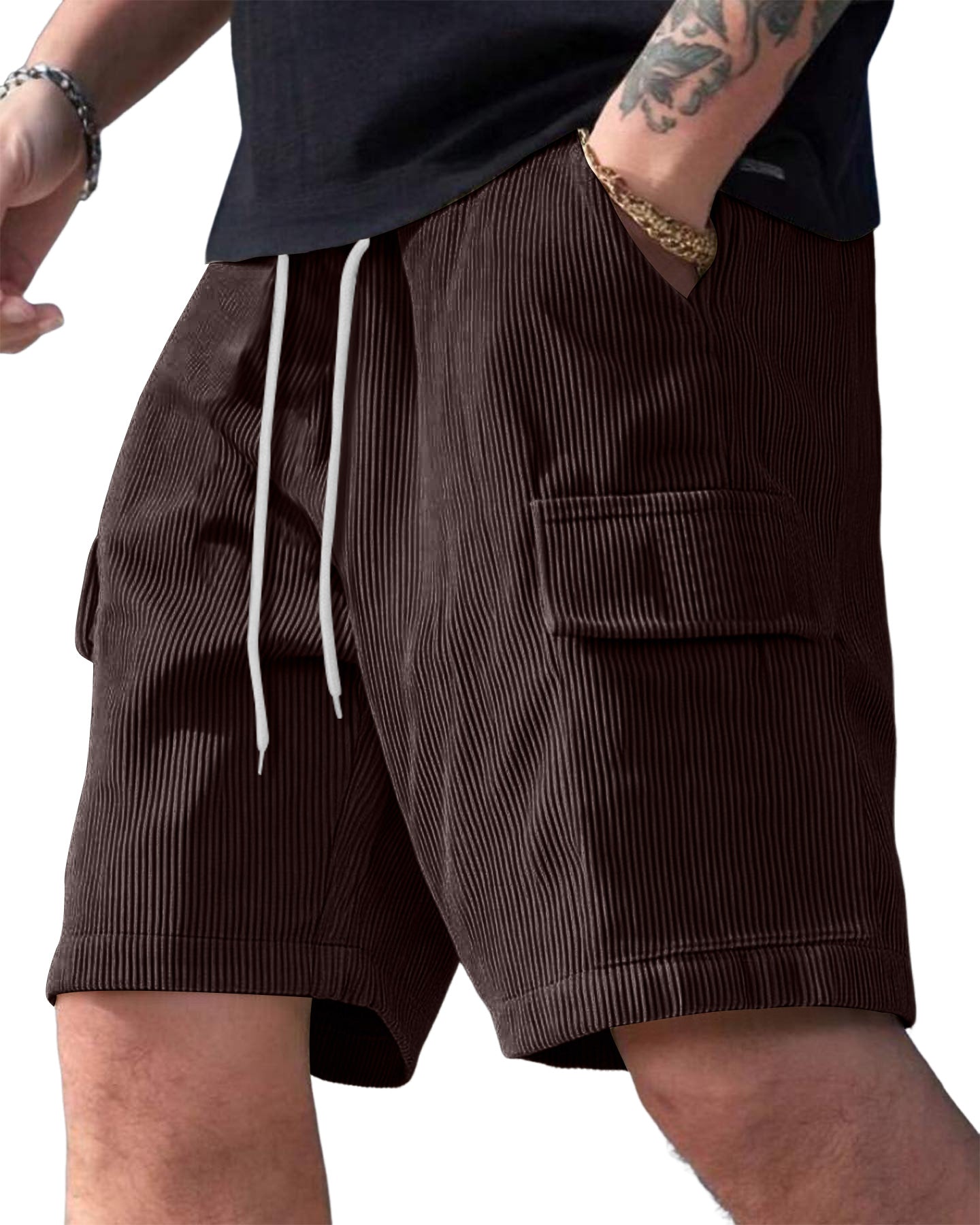 Men's Corduroy Multi-Pocket Summer Elastic Waist Casual Shorts