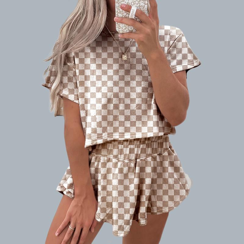 Women‘s Two Piece Set Checkerboard T Shirt and Ruffle High Waist Skort Set 2025 Summer Casual Sets for Daily Wear