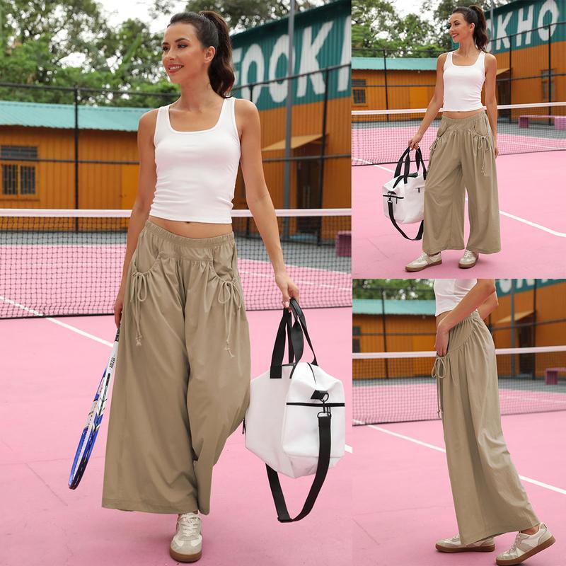 Women's Loose Wide Leg Track Pants Drawstring Pockets Elastic Waist Capri Hiking Pants