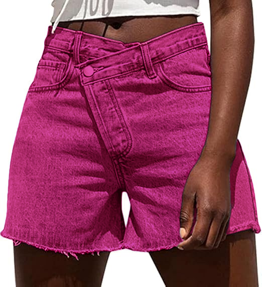 Womens High Waisted Vintage Crossover Denim Shorts with Stretch