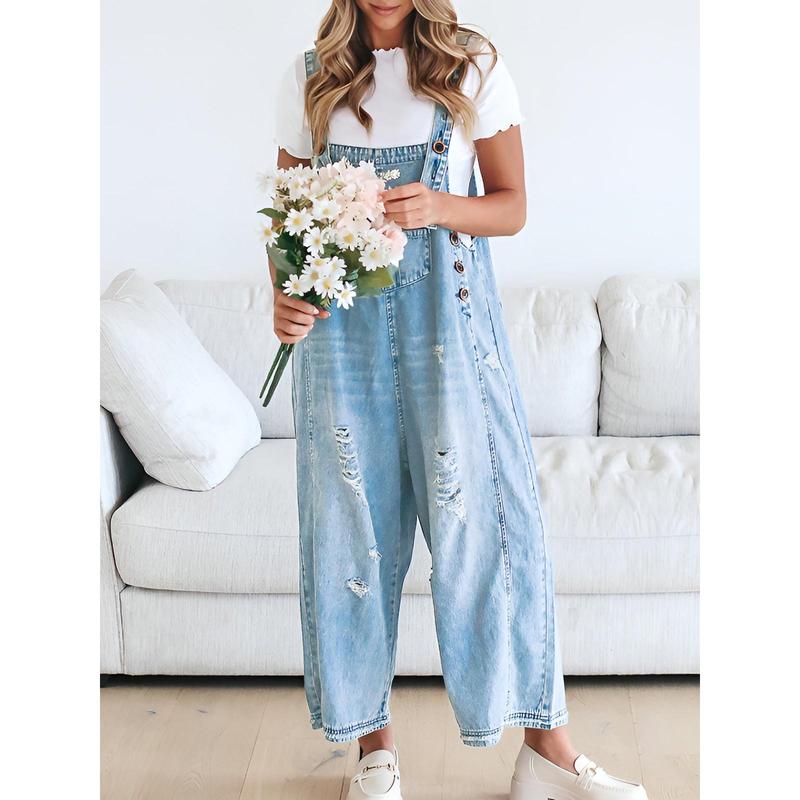 Women's Denim Overalls Casual Jumpsuits Loose Fit Adjustable Strap Distressed Bib Jeans Overall Jumpsuits