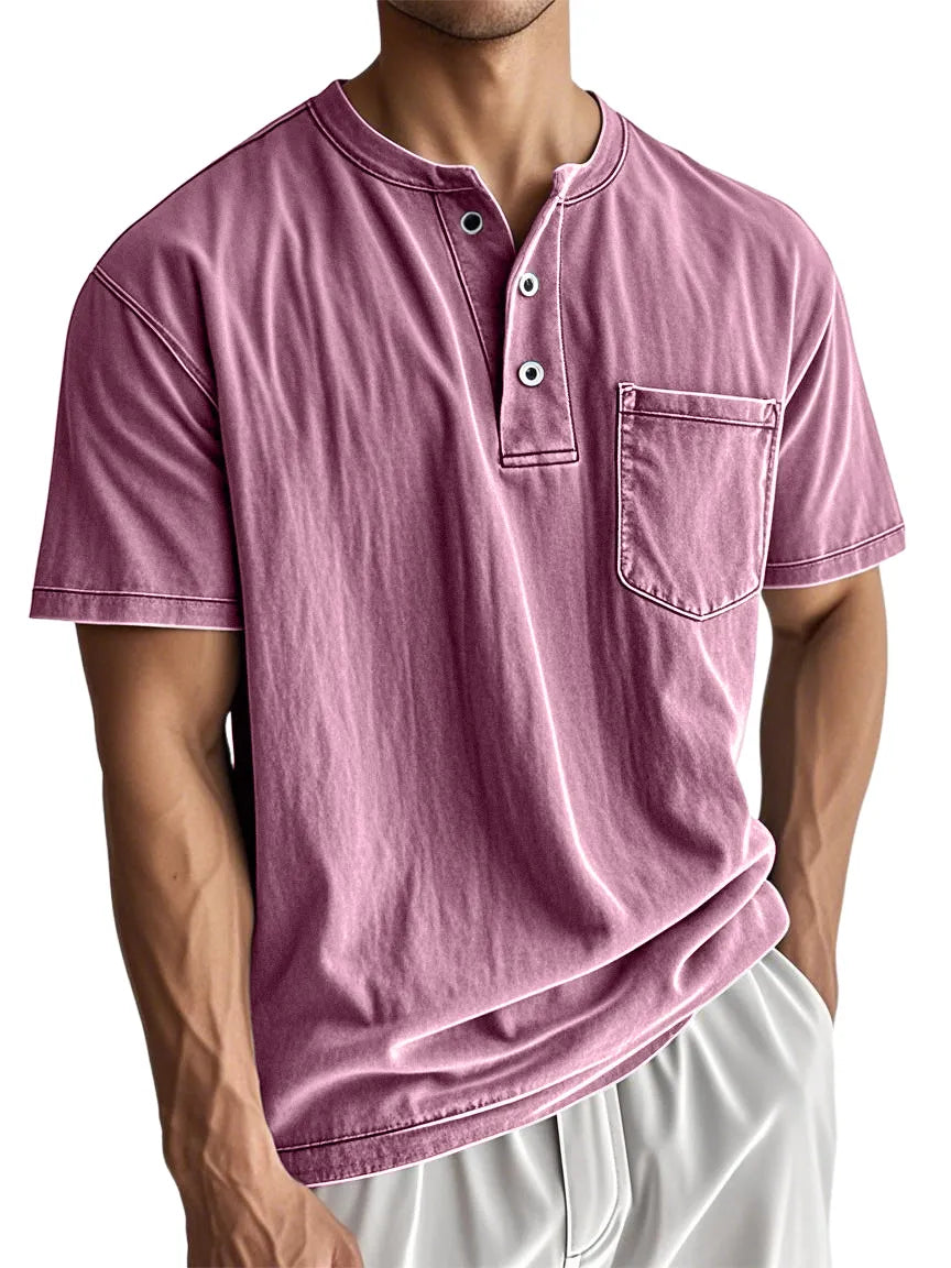 Men's Stylish Washed Distressed Cotton Vintage Casual Pocket Henley Shirt