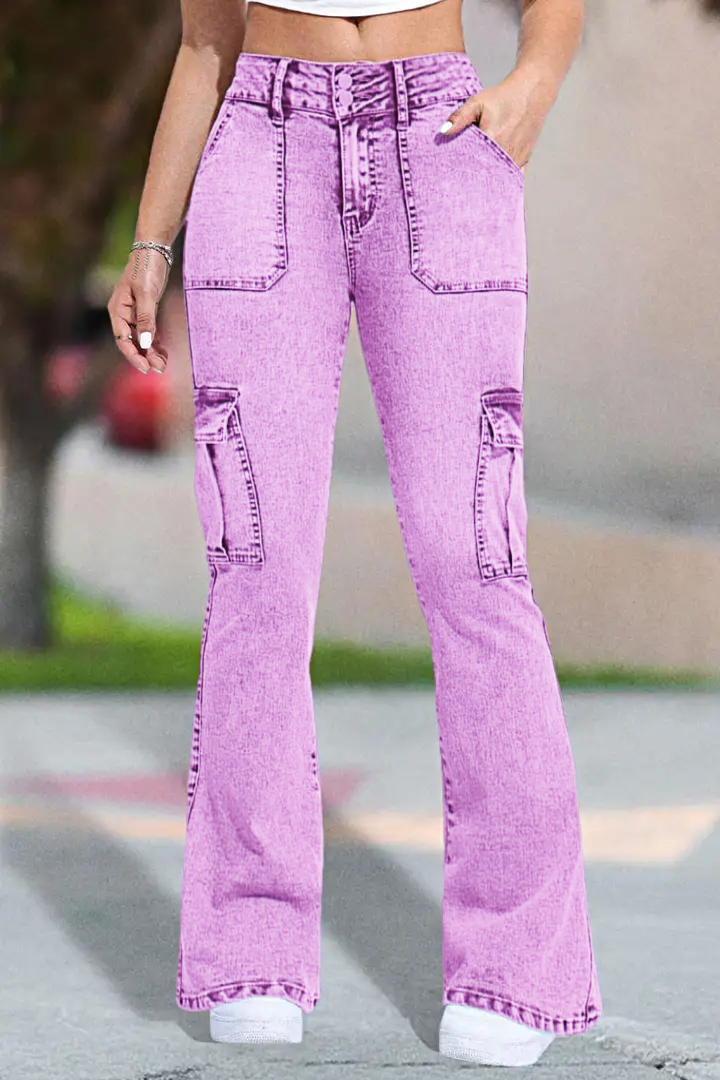 ⚡Last Chance Deal⚡- Multi Pocket Double Button Mid Rise Flare Cargo Jeans